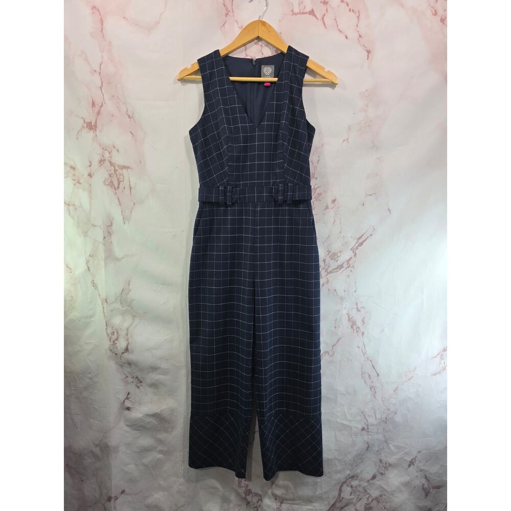 Vince Camuto Jumpsuit Womens 2 XS Navy Wide Leg Tank Windowpane Plaid